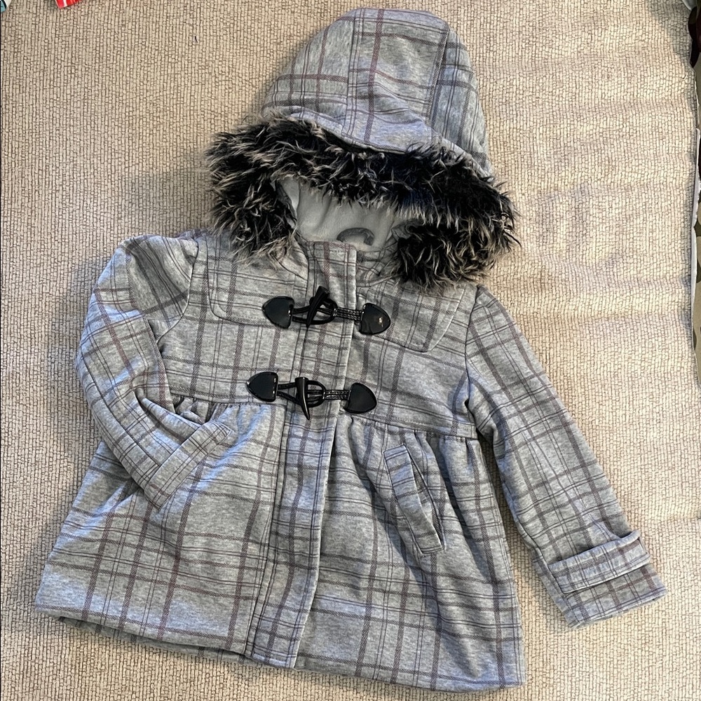 Me Jane Mini Gray Plaid Kids Pea Coat with zipper, pockets, removable Fur Hood